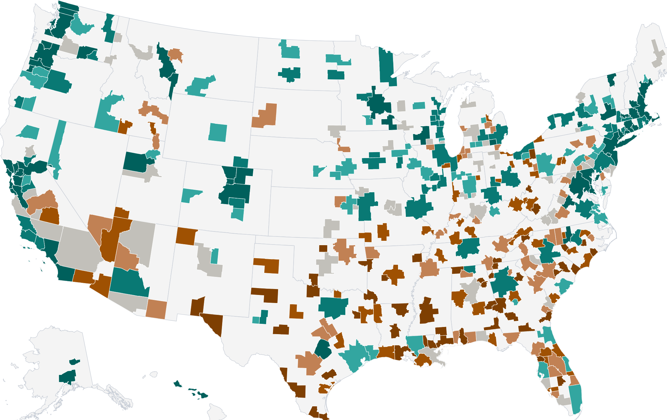 A map of US metro areas shaded by median annual wage across all occupations